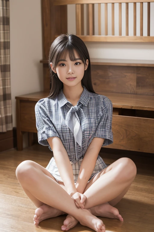 8k, RAW Photos, Highest quality, masterpiece:1.2), masterpiece, Highest quality, shape, Very detailed, The finer details, High resolution, 8k,wallpaper, Perfect dynamic composition,(High quality with attention to detail, Realistic depiction of eyes:1.3)、Hands tied、A woman tied up、Put your arms around my back, Tie your hands behind your back, Sitting with my feet together on the floor of a bright gym、Stand in front of each other with knees bent、with legs wide open,、Tartan Check Pleated Skirt、whole body、White panties are visible、The whole thing faces forward、２１talent、beauty、Well-formed face、Even out the eyes、Beautiful black hair、Bangedium Build、Balanced proportions、Beautiful feet、Short sleeve blouse、Fresh face、Beautiful views、smile、Big Tits 1.4