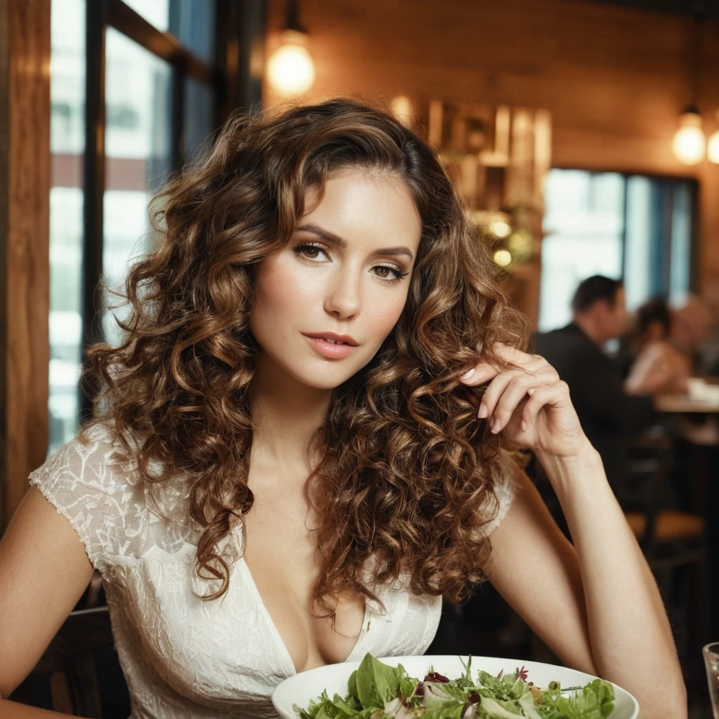 grain de film, filtre vintage, Texture de la peau, photo oF a woman with beautiFul wavy hair ,F/1.8, dans un restaurant entrain de manger une salade, soiréé