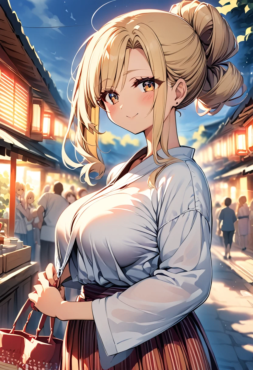 One girl　Cute Girls　Anime Style　Anime Face　Anime Style　Beauty　Big Breasts　yukata　Hand fan　Blonde hair　Straight Hair　long hair　Hair tied back　Have a drawstring bag