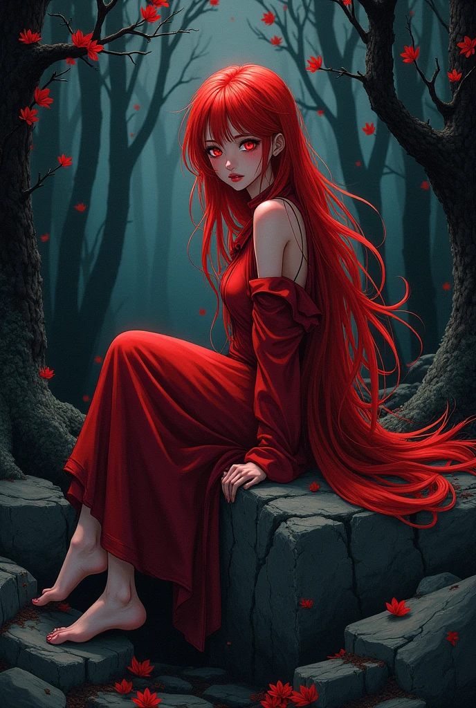 manga art of a beautiful girl, with long red hair and red clothes in the crimson style, with amber eyes crimson red color, walking through a dark forest sitting on a rock
