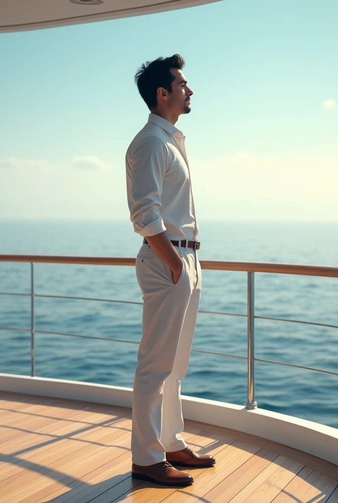 Young male scientist on a yacht looking at the horizon