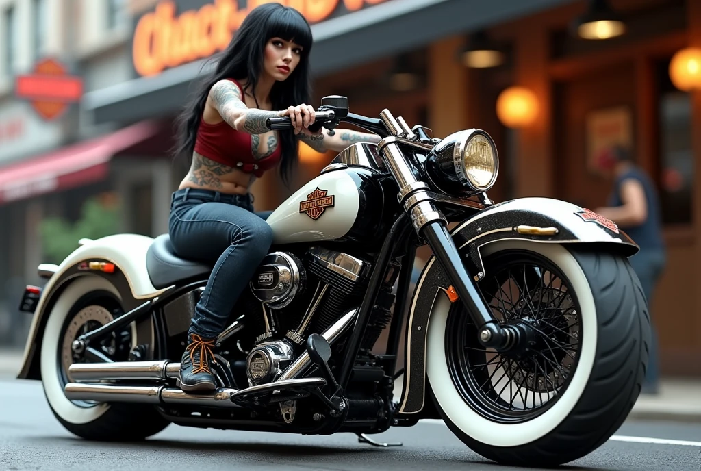 A striking custom motorcycle Harley Davidson is positioned prominently on the street. The bike features a gleaming black and white exterior with chrome and gold accents, showcasing its heavy-duty build. The front wheel is notably wide, and the bike has a retro design enhanced by modern detailing. a young woman with long black hair, many tattoos, dressed in tight jeans and a small leather vest with patches sits on the motorcycle In the background a Saloon.