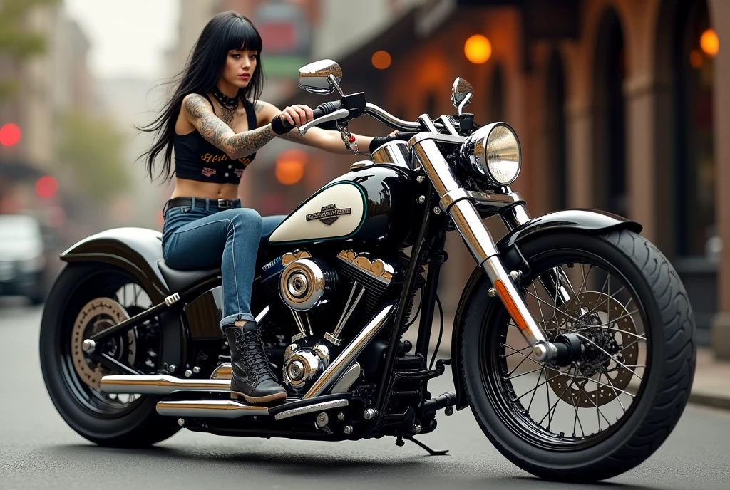 A striking custom motorcycle Harley Davidson is positioned prominently on the street. The bike features a gleaming black and white exterior with chrome and gold accents, showcasing its heavy-duty build. The front wheel is notably wide, and the bike has a retro design enhanced by modern detailing. a young woman with long black hair, many tattoos, dressed in tight jeans and a small leather vest with patches sits on the motorcycle In the background a Saloon.