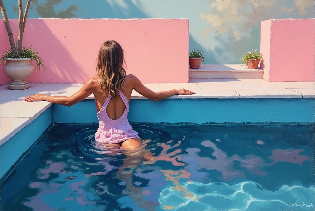 Woman by Pool Canvas Wall Art Impressionist Oil, Focus on the tactile quality of the oil paint, incorporating gentle gradients and soft transitions between colors. Allow the brushstrokes to remain visible, adding a sense of raw emotion and intimacy to the background.