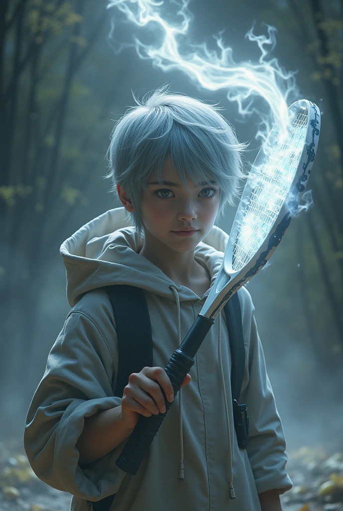 Young man with a wolf&#39;s gaze , Her hair is short and silver and her racket emanates a gray aura in the shape of a flame.