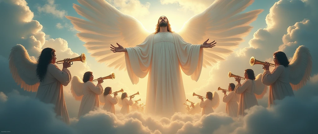 a giant man in the clouds symbolizing god with angels playing trumpets around him