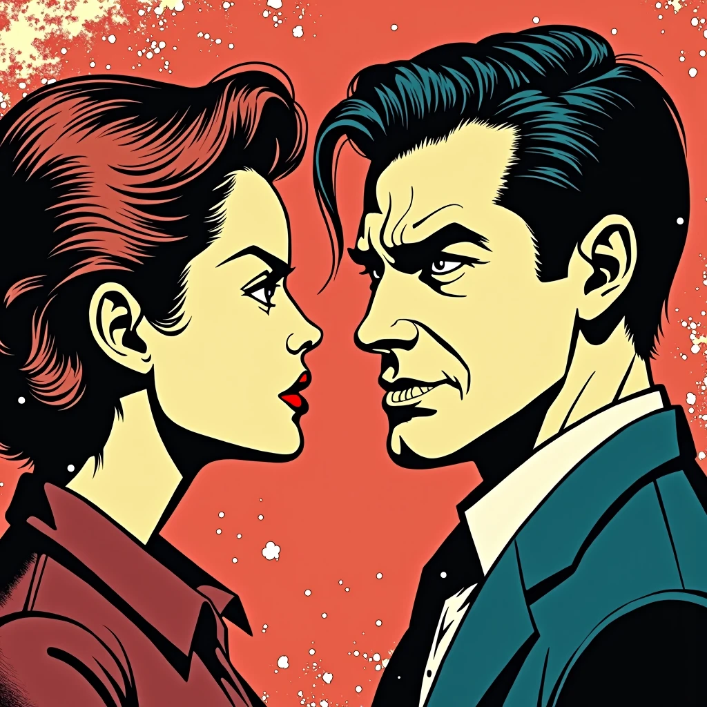 Creating a piece of pop art involves capturing bold colors, high contrast and a graphic style reminiscent of Roy Lichtenstein or Andy Warhol. man looking woman in the eye with a look of contempt
