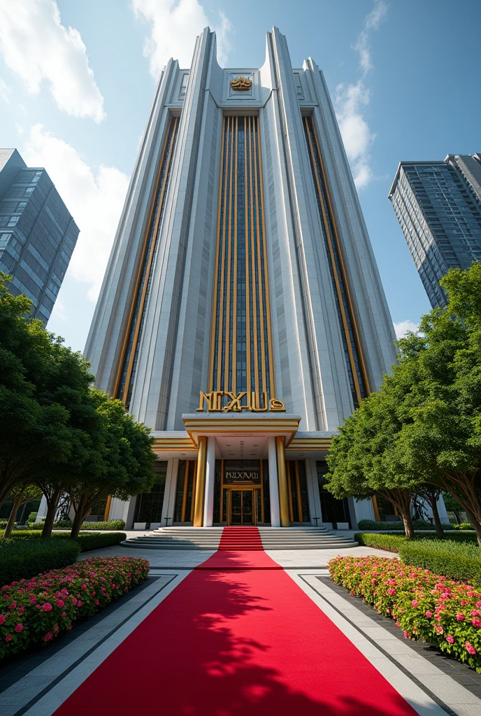 A luxurious, presidential standard company headquarters with the name NEXUS on it and red carpet on entrance with Singaporean architecture,grass, flowers and on it's own space and compound where is the name NEXUS 