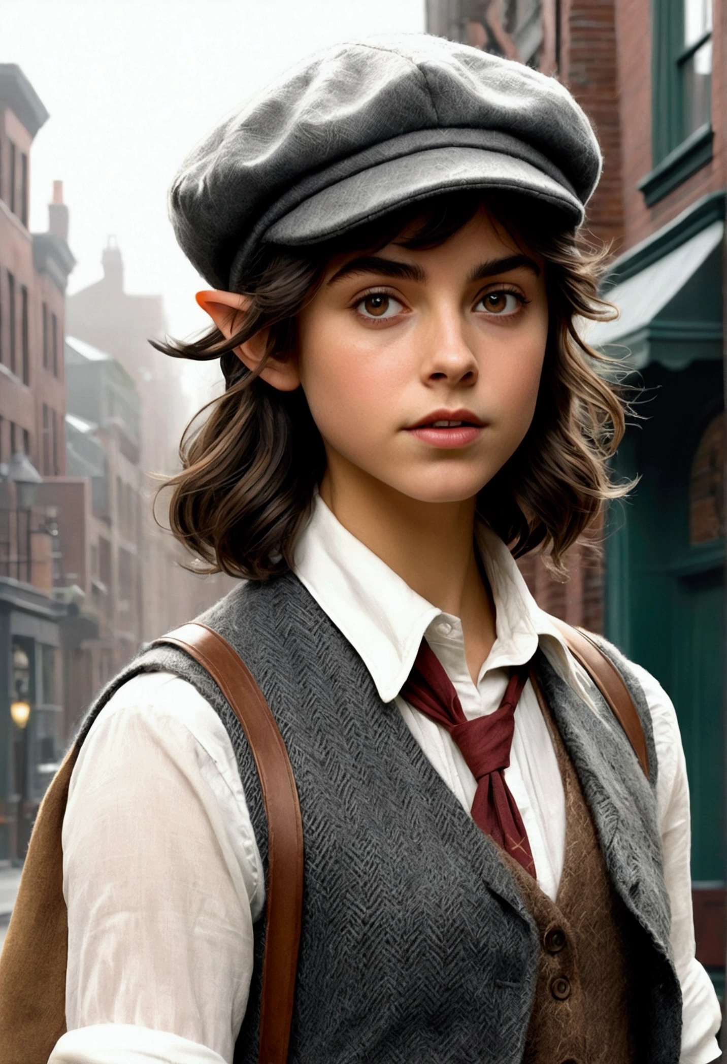 An illustrated movie poster, hand-drawn, full color, a teenage elven girl, wearing a tweed vest and a newsie cap, athletic hourglass figure, long pointy elf ears, dark hair, messy shaggy bob cut, deep sun-tanned skintone, resembles Ana De Armas, standing on a foggy victorian-era street corner, graphite shading, stencil marks, airbrushed acrylic paint, masterpiece, in the style of the Sherlock Holmes, elf ears