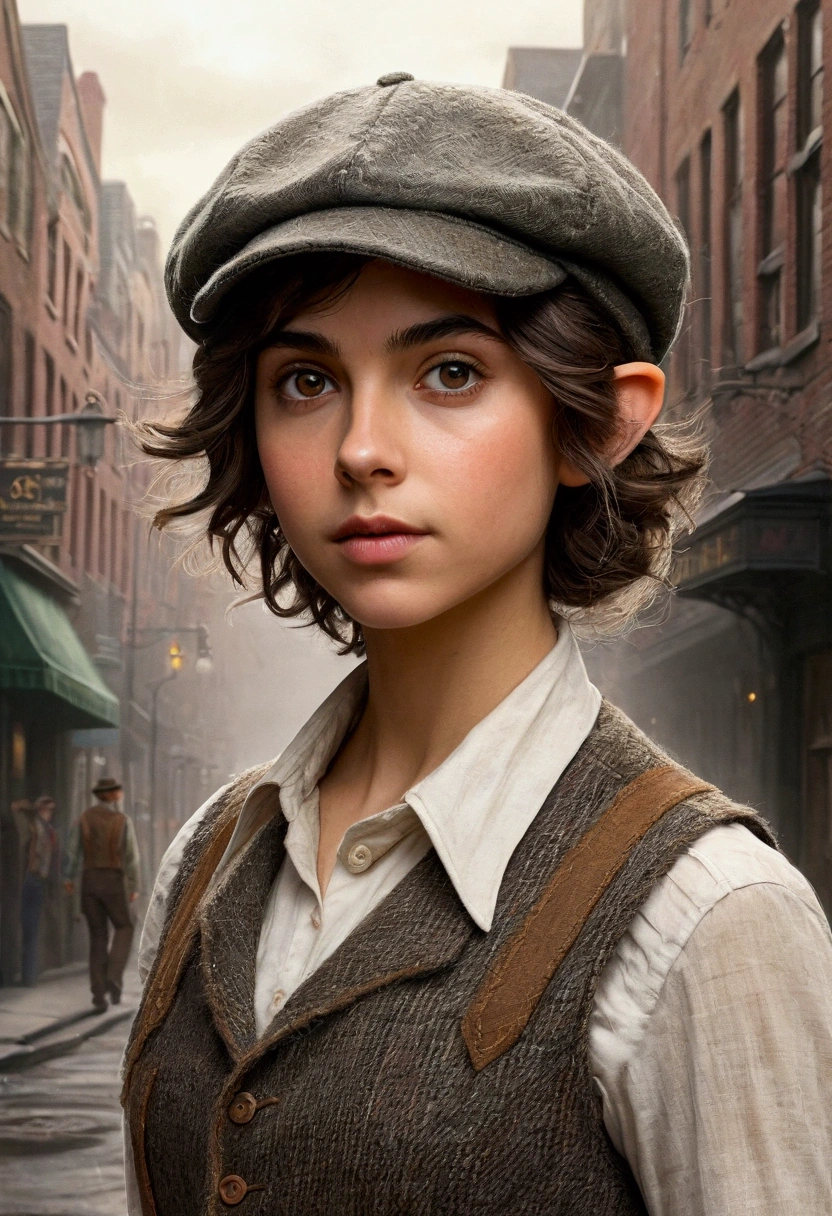 An illustrated movie poster, hand-drawn, full color, a age elven girl, wearing a tweed vest and a newsie cap, athletic hourglass figure, long pointy elf ears, dark hair, messy shaggy bob cut, deep sun-tanned skintone, resembles Ana De Armas, standing on a foggy victorian-era street corner, graphite shading, stencil marks, airbrushed acrylic paint, masterpiece, in the style of the Sherlock Holmes, elf ears