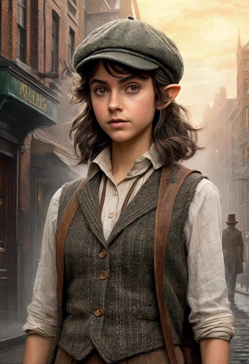 An illustrated movie poster, hand-drawn, full color, a teenage elven girl, wearing a tweed vest and a newsie cap, athletic hourglass figure, long pointy elf ears, dark hair, messy shaggy bob cut, deep sun-tanned skintone, resembles Ana De Armas, standing on a foggy victorian-era street corner, graphite shading, stencil marks, airbrushed acrylic paint, masterpiece, in the style of the Sherlock Holmes, elf ears