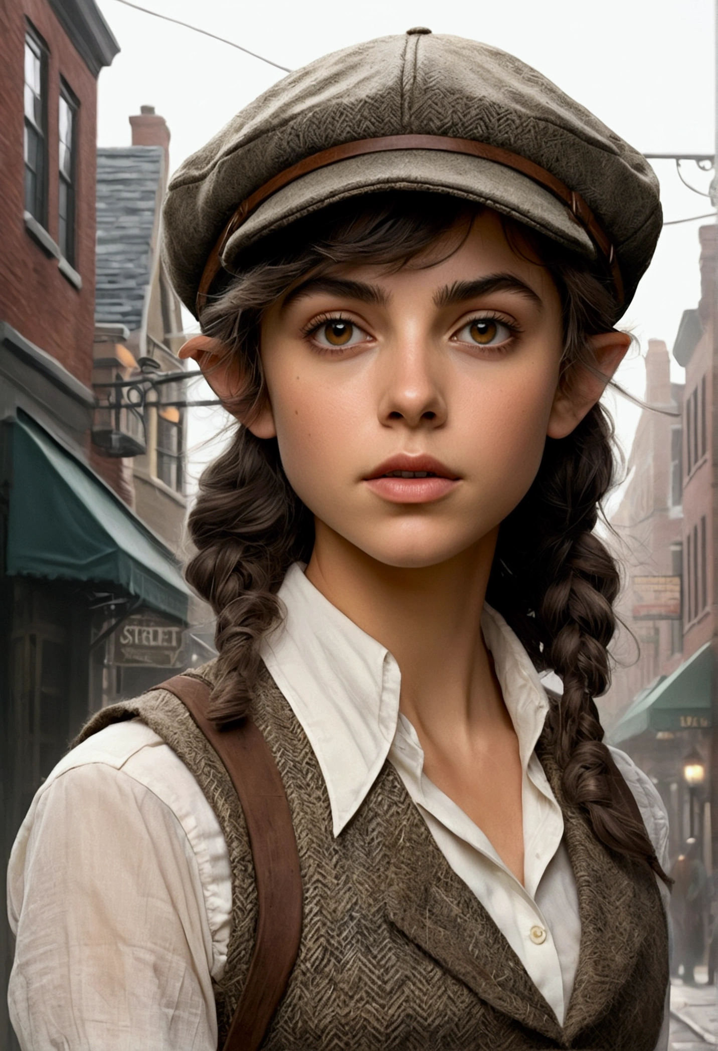 An illustrated movie poster, hand-drawn, full color, a teenage elven girl, wearing a tweed vest and a newsie cap, athletic hourglass figure, long pointy elf ears, dark hair, messy shaggy bob cut, deep sun-tanned skintone, resembles Ana De Armas, standing on a foggy victorian-era street corner, graphite shading, stencil marks, airbrushed acrylic paint, masterpiece, in the style of the Sherlock Holmes, elf ears