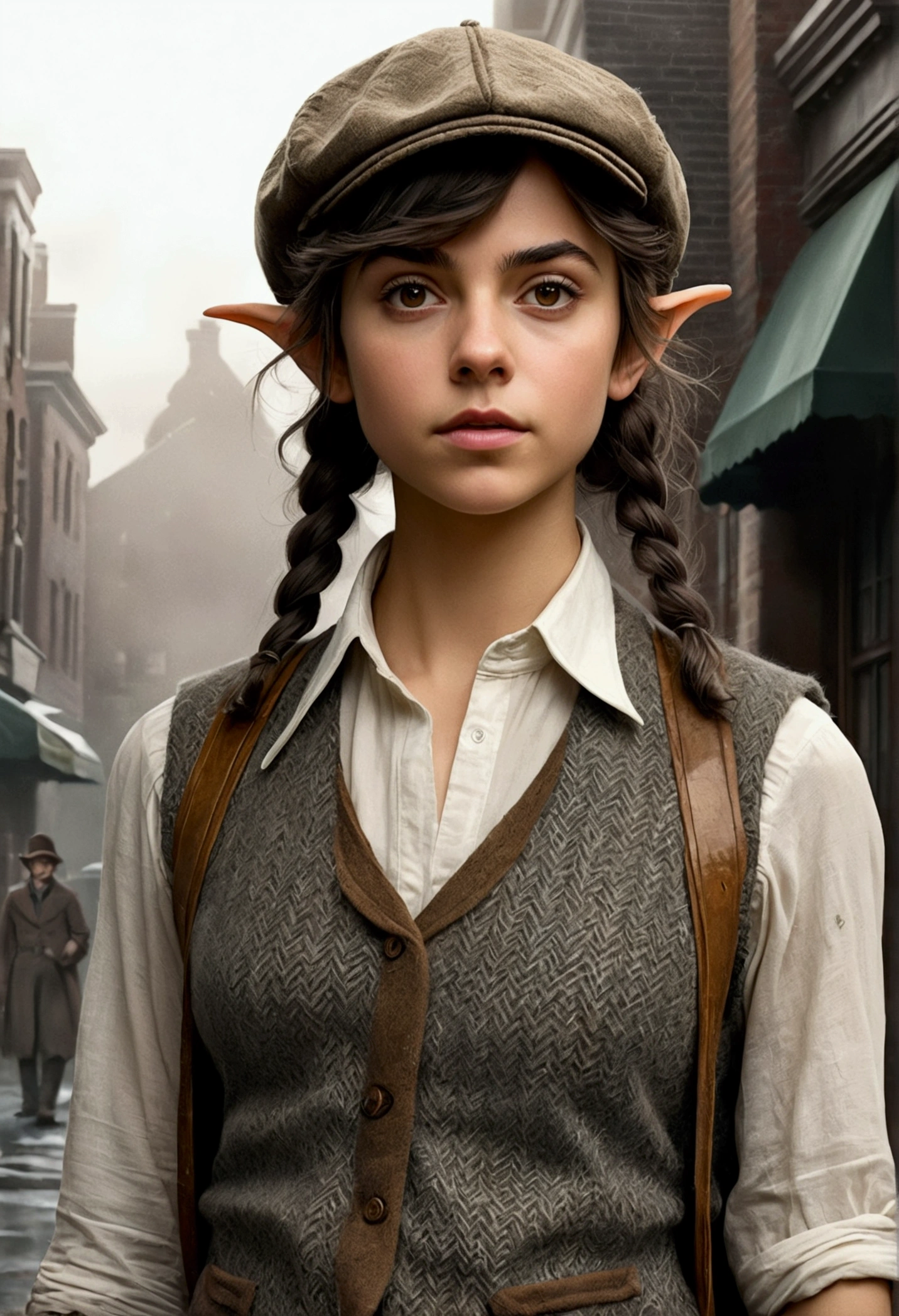 An illustrated movie poster, hand-drawn, full color, a teenage elven girl, wearing a tweed vest and a newsie cap, athletic hourglass figure, long pointy elf ears, dark hair, messy shaggy bob cut, deep sun-tanned skintone, resembles Ana De Armas, standing on a foggy victorian-era street corner, graphite shading, stencil marks, airbrushed acrylic paint, masterpiece, in the style of the Sherlock Holmes, elf ears