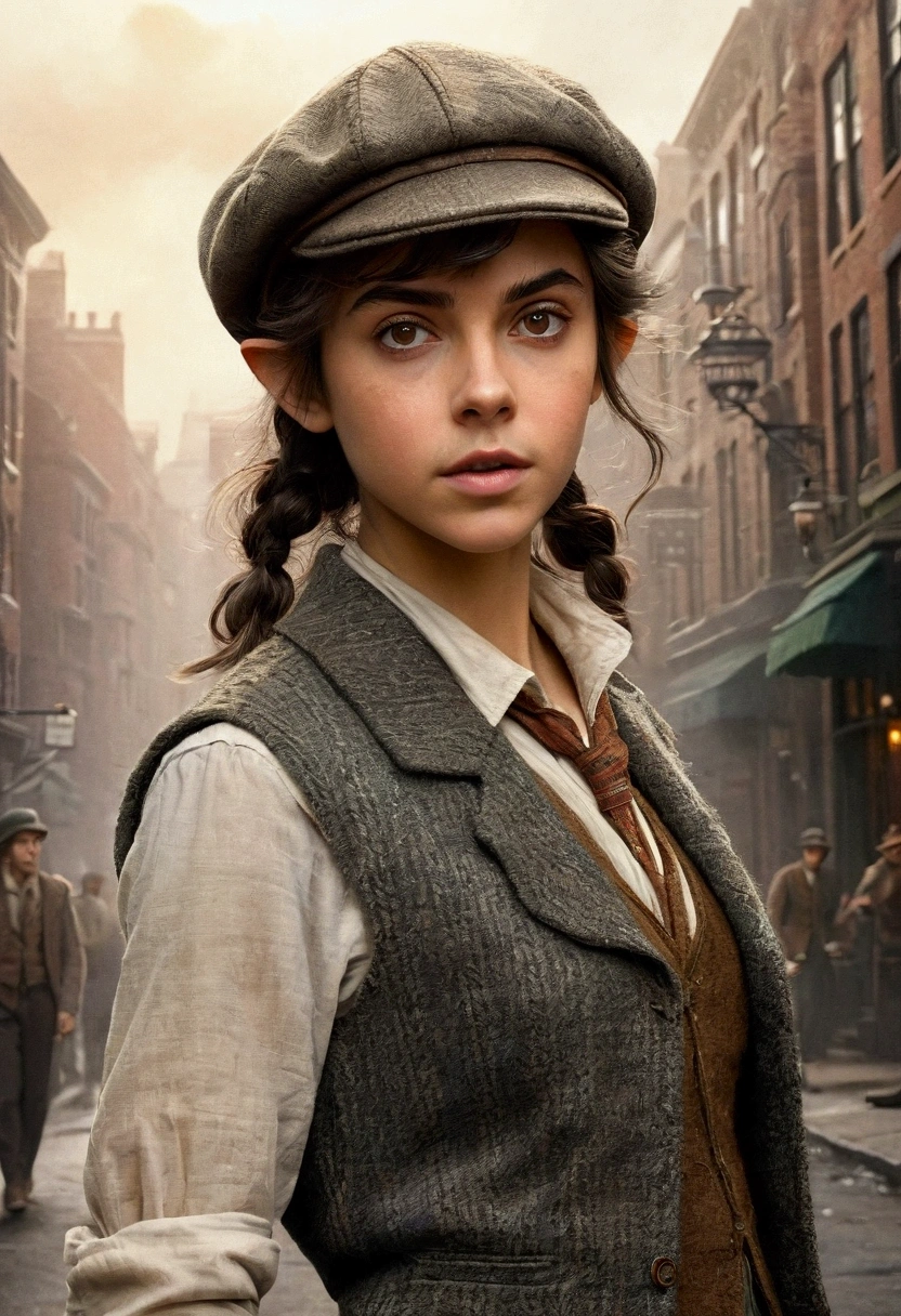 An illustrated movie poster, hand-drawn, full color, a teenage elven girl, wearing a tweed vest and a newsie cap, athletic hourglass figure, long pointy elf ears, dark hair, messy shaggy bob cut, deep sun-tanned skintone, resembles Ana De Armas, standing on a foggy victorian-era street corner, graphite shading, stencil marks, airbrushed acrylic paint, masterpiece, in the style of the Sherlock Holmes, elf ears