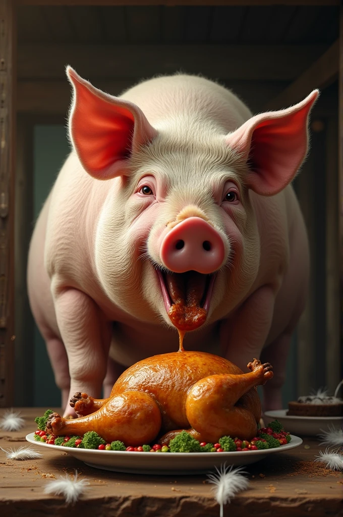 A pig eating chicken