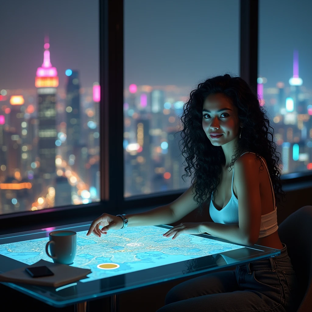 realistic photo of a (pretty girl, 20 years old, brunette, black eyes) seat down in front a short glass table with a screen built inside resembling "Microsoft Surface" , (full lips) , ((perfect face)), [[mild smile]], proportionate body,mixed white-latina herritage, beautyfull, beautyfull face, [tanned skin], two arms, two legs, five fingers by hand, full body, (curly black long hair), girl in confortable office clothing seat down in front of a short table being itself a screen, [virtual documents and maps into table-screen, horizontal screen], Coffe cup over glass-screen-table, [paper notepad and smartphone over glass-screen-table], girl tiping over bare tactile table, confortable appartament into glass building, night neon cyberpunk city behind huge glass panels, panoramic take
