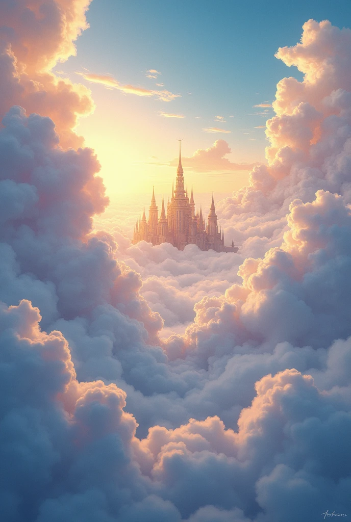 a place in the sky with clouds and in the background you can see a golden kingdom