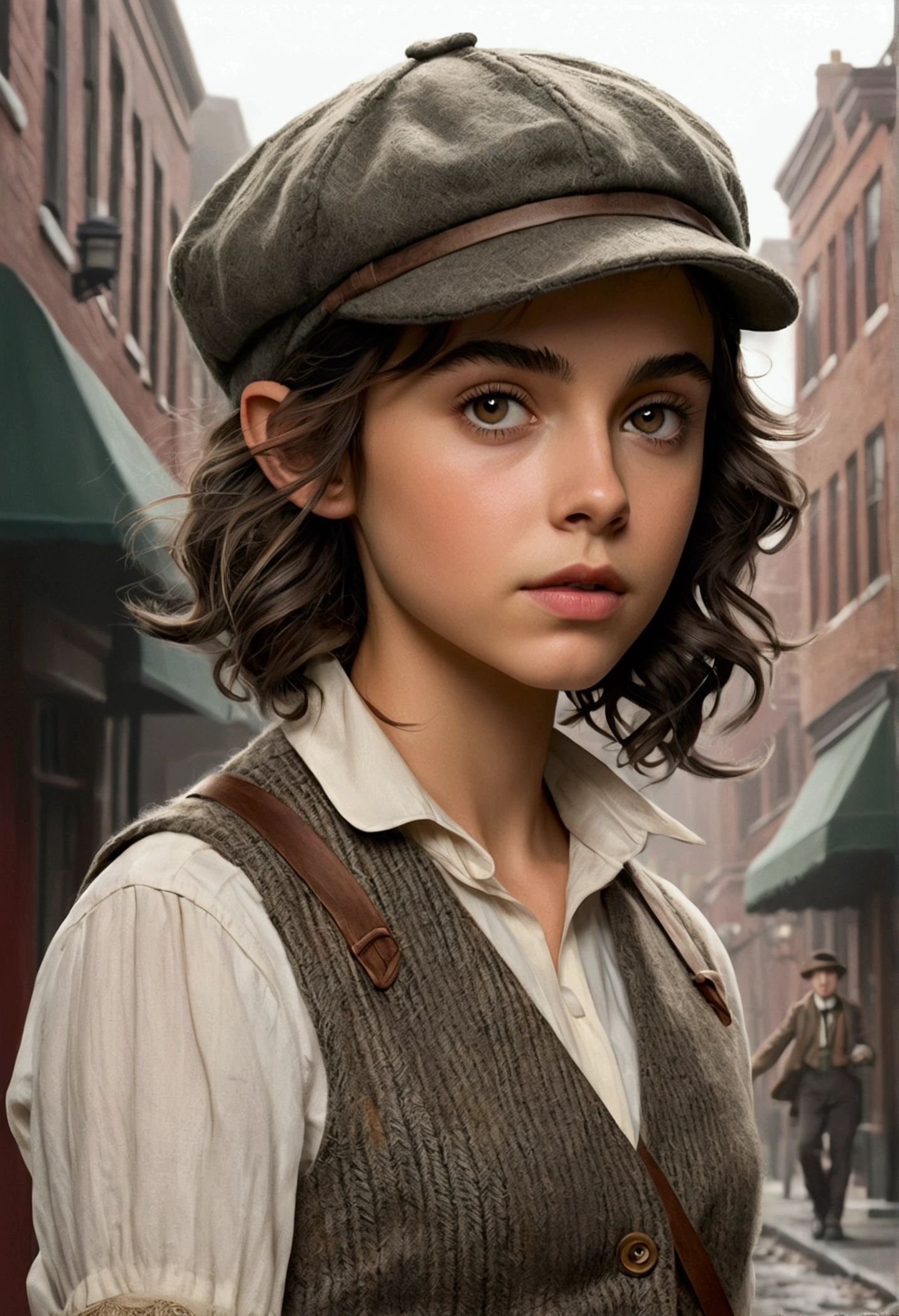 An illustrated movie poster, hand-drawn, full color, a age elven girl, wearing a tweed vest and a newsie cap, athletic hourglass figure, long pointy elf ears, dark hair, messy shaggy bob cut, deep sun-tanned skintone, resembles Ana De Armas, standing on a foggy victorian-era street corner, graphite shading, stencil marks, airbrushed acrylic paint, masterpiece, in the style of the Sherlock Holmes, elf ears