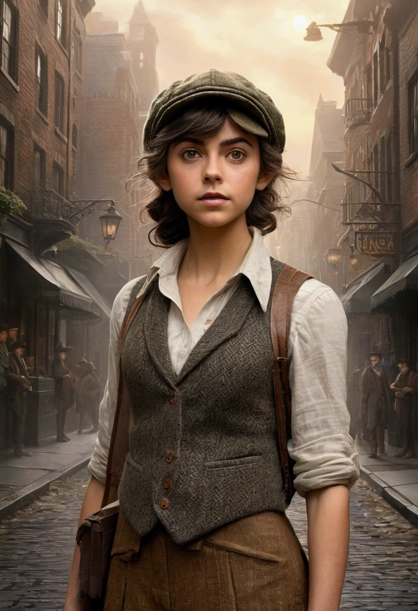 An illustrated movie poster, hand-drawn, full color, a teenage elven girl, wearing a tweed vest and a newsie cap, athletic hourglass figure, long pointy elf ears, dark hair, messy shaggy bob cut, deep sun-tanned skintone, resembles Ana De Armas, standing on a foggy victorian-era street corner, graphite shading, stencil marks, airbrushed acrylic paint, masterpiece, in the style of the Sherlock Holmes, elf ears