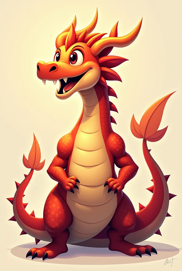 Create me a picture of a dragon with a happy expression, showing his muscles, minimalist 
