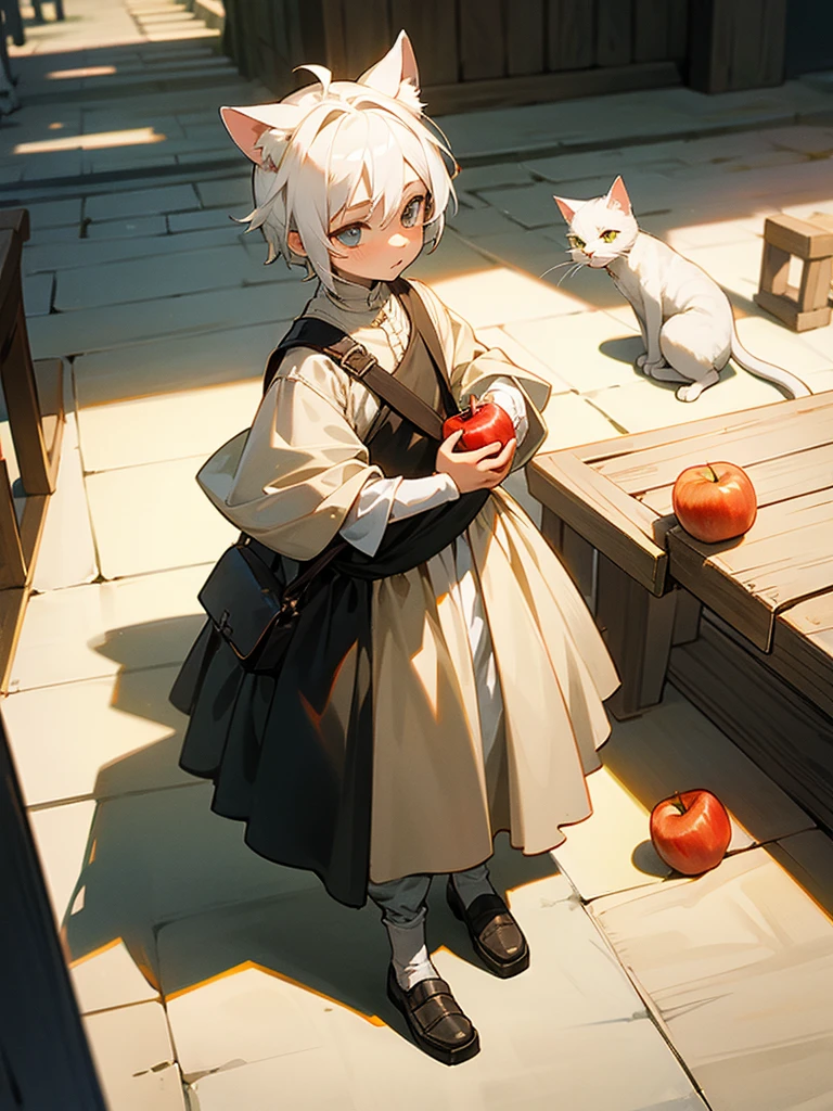 Child boy with white hair cat ears boy in medieval modern clothes holding a bag of apple best quality and best effects best shadows best lighting 8k 