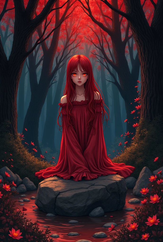 manga art of a beautiful girl, with long red hair and red clothes in the crimson style, with amber eyes crimson red color, walking through a dark forest sitting on a rock