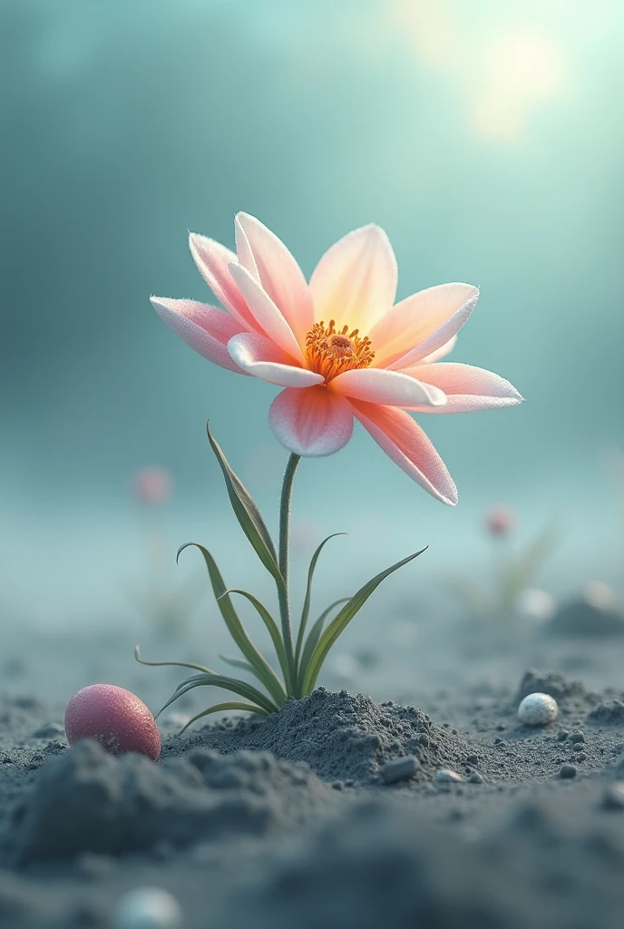 A flower of a living pastel color in the middle of a field of ash 