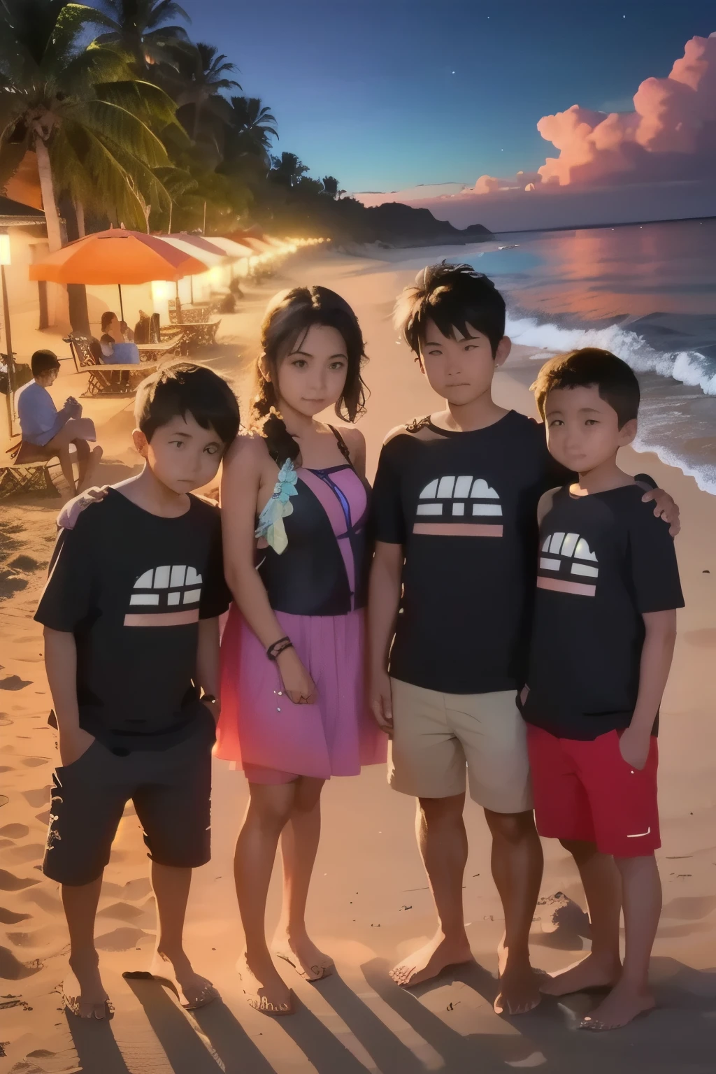 group of boys and girls near beach on a summer night,