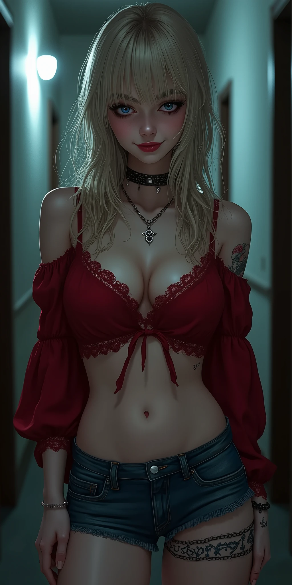 (best quality, ultra-detailed, photorealistic: 1.39), bright and vibrant colors, studio lighting, romantic expression, An effeminate girl, with a delicate and beautiful face. Beautiful and adult woman with her straight loose blonder dark hair matches the gothic makeup, her dark blue eyes and mischievous smile, with her large seductive breasts, cleavage, dark style, strap, beautiful crimson red blouse with lace details, tattoos on the stomach, short denim shorts, gothic details on the clothes, dark makeup. She have a horny face, like a manwha character, chain details, in the haunted apartment hallway and quite old, gothic scenery at night, seductive cleavage, manga style, anime features manga style, fully body , she is in love, like a manwha character style