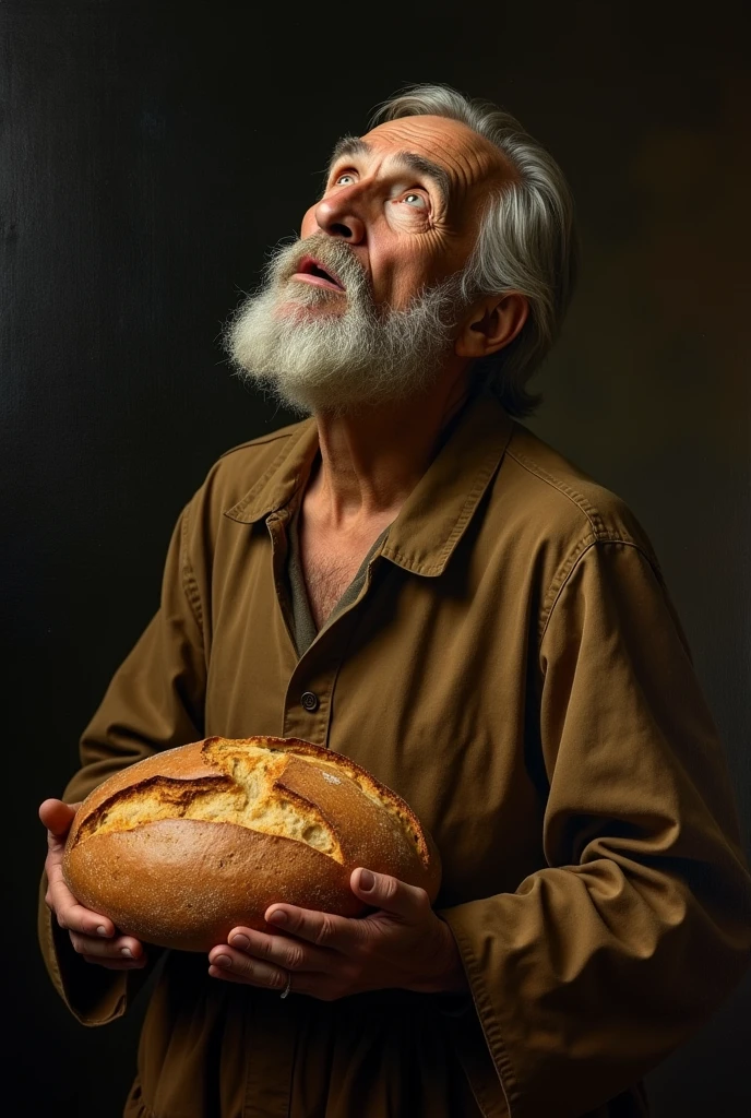 masterpiece, Renaissance, Baroque style, high contrast, black dark background, tenebrismo, Caravaggio style, warm tones, Old man, looking at the sky, with a loaf of bread in his hands, a lot of detail, old painting, Awesome, Old clothes, shocking look,