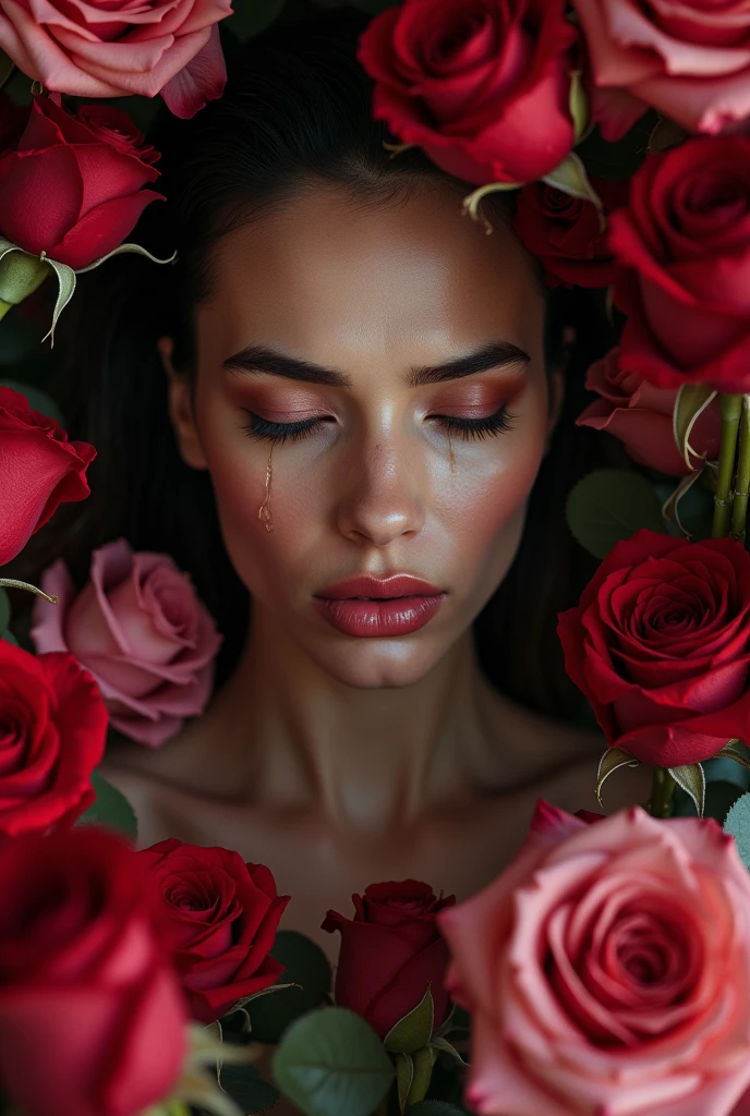 A woman, resembling Gal Gadot actress, sitting with her head bowed, crying as she is surrounded by roses. The roses symbolize love and beauty, while her posture and expression convey a deep sense of sorrow and emotional pain. Realistic image
