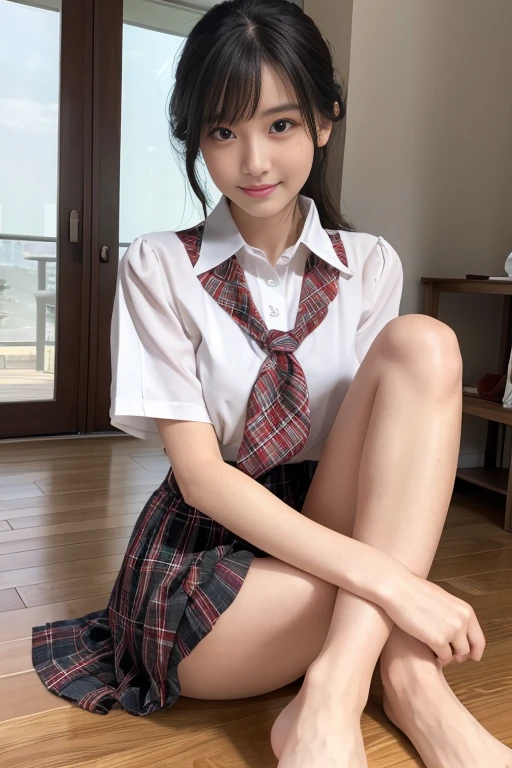 8k, RAW Photos, Highest quality, masterpiece:1.2), masterpiece, Highest quality, shape, Very detailed, The finer details, High resolution, 8k,wallpaper, Perfect dynamic composition,(High quality with attention to detail, Realistic depiction of eyes:1.3)、Hands tied、A woman tied up、Put your arms around my back, Tie your hands behind your back, Sitting with my feet together on the floor of a bright gym、Stand in front of each other with knees bent、with legs wide open,、Tartan Check Pleated Skirt、whole body、White panties are visible、The whole thing faces forward、21talent、beauty、Well-formed face、Even out the eyes、Beautiful black hair、Bangedium Build、Balanced proportions、Beautiful feet、Short sleeve blouse、Fresh face、Beautiful views、smile、Big Tits 1.4