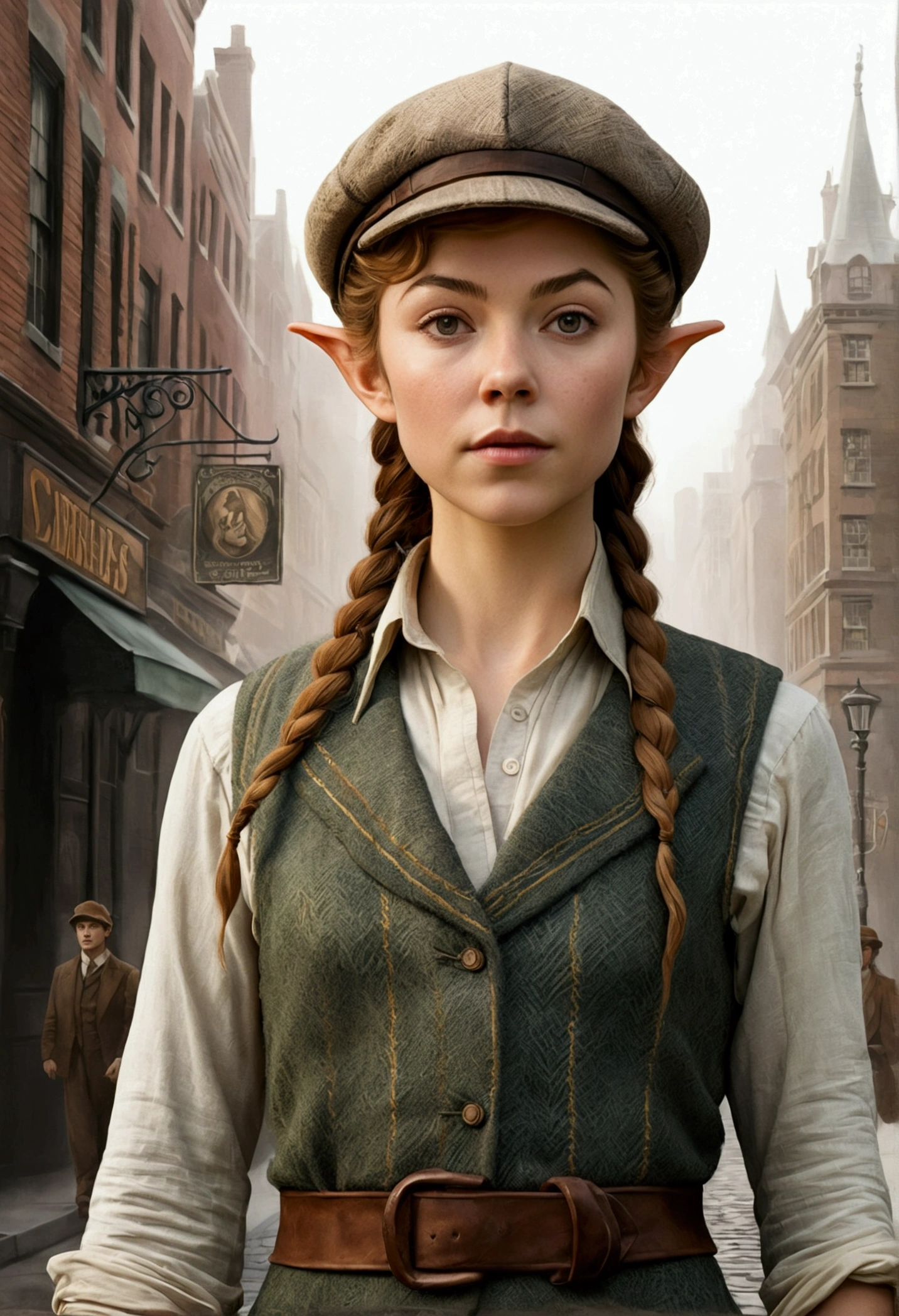 An illustrated movie poster, hand-drawn, full color, an elven maiden, wearing a tweed vest and a newsie cap, tall, toned, amazonian stature, athletic hourglass figure, long pointy elf ears, shaggy bob cut, deep sun-tanned skintone, freckles, resembles Margaery Tyrell, standing on a foggy Victorian-era street corner, graphite shading, stencil marks, airbrushed acrylic paint, masterpiece, in the style of Sherlock Holmes, elf ears