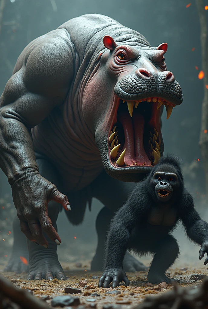 A humanoid hippopotamus, muscular, giant, killing a gorilla, hyper realistic, 4k, photorealistic, cinematic lighting, dramatic action pose, detailed anatomy, vivid colors, dark fantasy, concept art