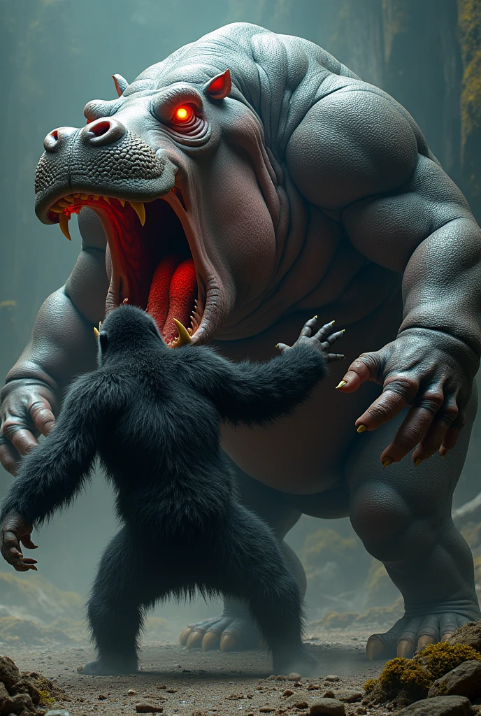 A humanoid hippopotamus, muscular, giant, killing a gorilla, hyper realistic, 4k, photorealistic, cinematic lighting, dramatic action pose, detailed anatomy, vivid colors, dark fantasy, concept art