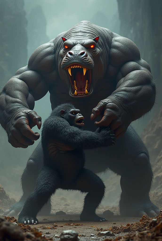 A humanoid hippopotamus, muscular, giant, killing a gorilla, hyper realistic, 4k, photorealistic, cinematic lighting, dramatic action pose, detailed anatomy, vivid colors, dark fantasy, concept art