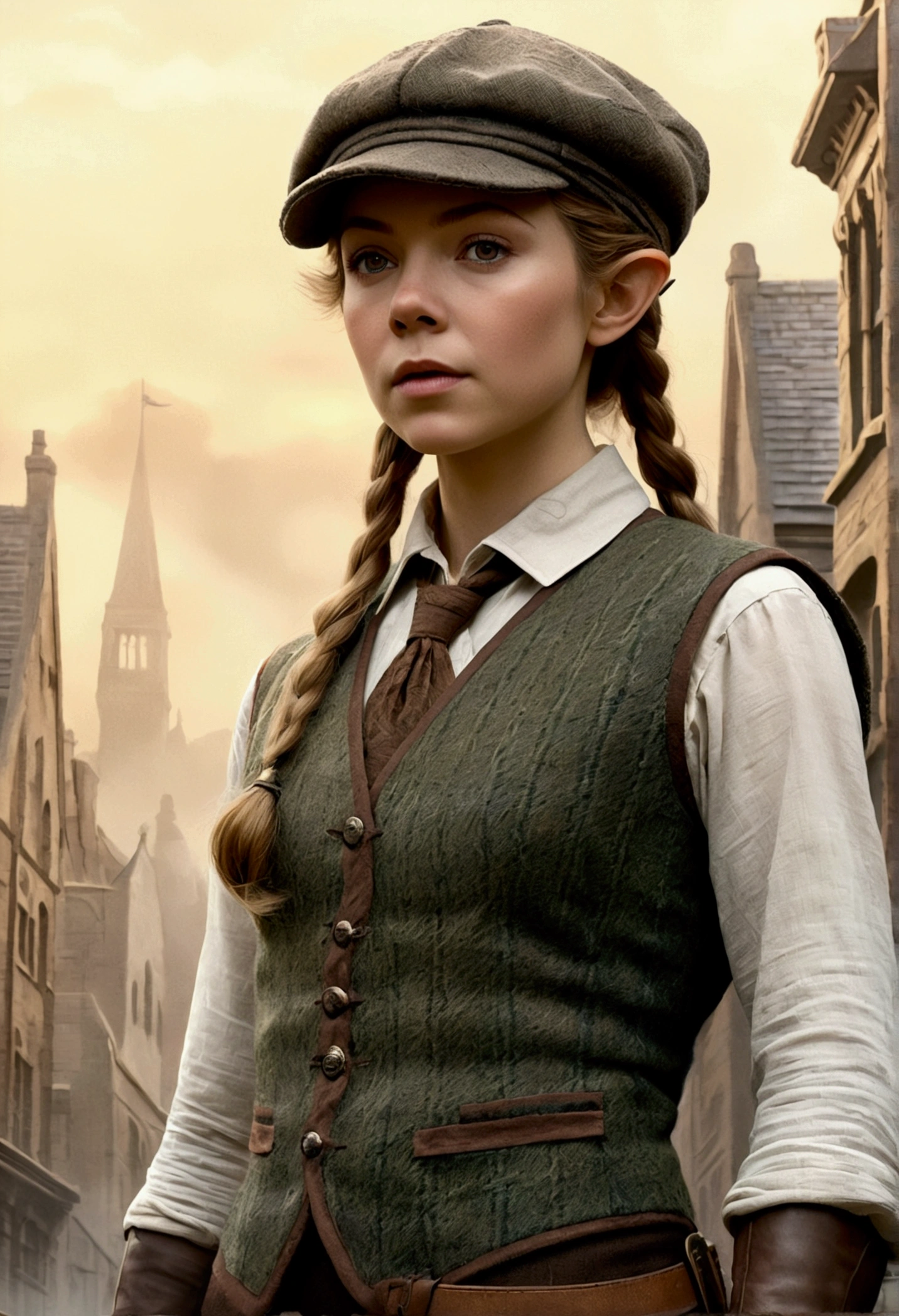 An illustrated movie poster, hand-drawn, full color, an elven maiden, wearing a tweed vest and a newsie cap, tall, toned, amazonian stature, athletic hourglass figure, long pointy elf ears, shaggy bob cut, deep sun-tanned skintone, freckles, resembles Margaery Tyrell, standing on a foggy Victorian-era street corner, graphite shading, stencil marks, airbrushed acrylic paint, masterpiece, in the style of Sherlock Holmes, elf ears