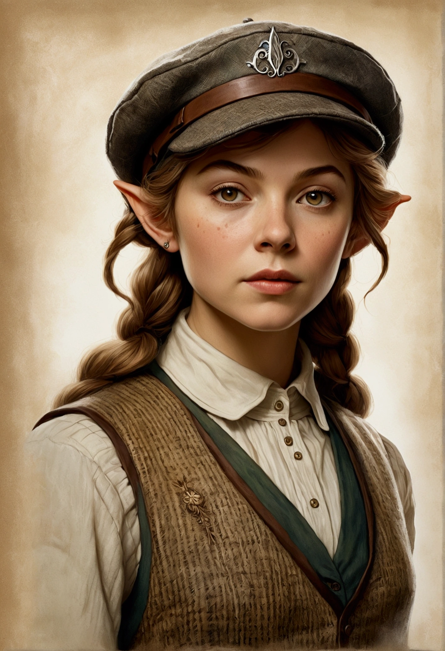 An illustrated movie poster, hand-drawn, full color, an elven maiden, wearing a tweed vest and a newsie cap, tall, toned, amazonian stature, athletic hourglass figure, long pointy elf ears, shaggy bob cut, deep sun-tanned skintone, freckles, resembles Margaery Tyrell, standing on a foggy Victorian-era street corner, graphite shading, stencil marks, airbrushed acrylic paint, masterpiece, in the style of Sherlock Holmes, elf ears