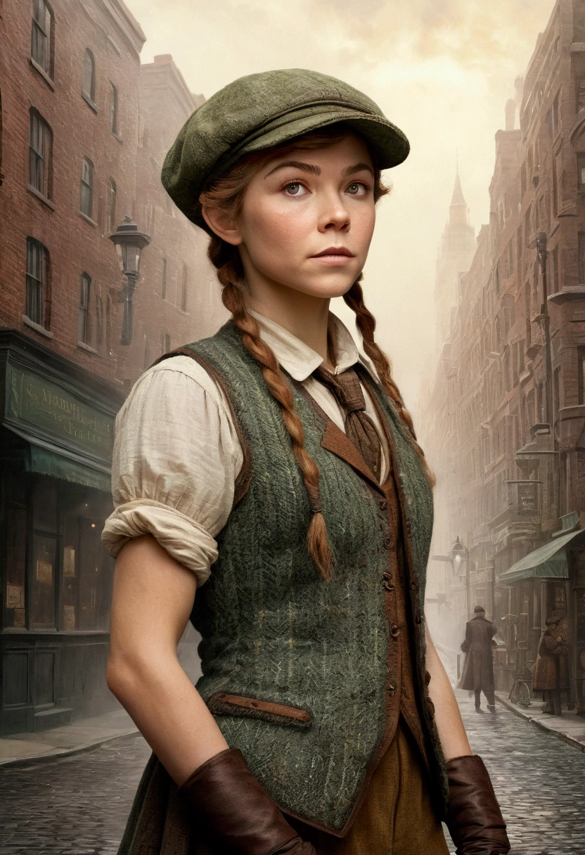 An illustrated movie poster, hand-drawn, full color, an elven maiden, wearing a tweed vest and a newsie cap, tall, toned, amazonian stature, athletic hourglass figure, long pointy elf ears, shaggy bob cut, deep sun-tanned skintone, freckles, resembles Margaery Tyrell, standing on a foggy Victorian-era street corner, graphite shading, stencil marks, airbrushed acrylic paint, masterpiece, in the style of Sherlock Holmes, elf ears