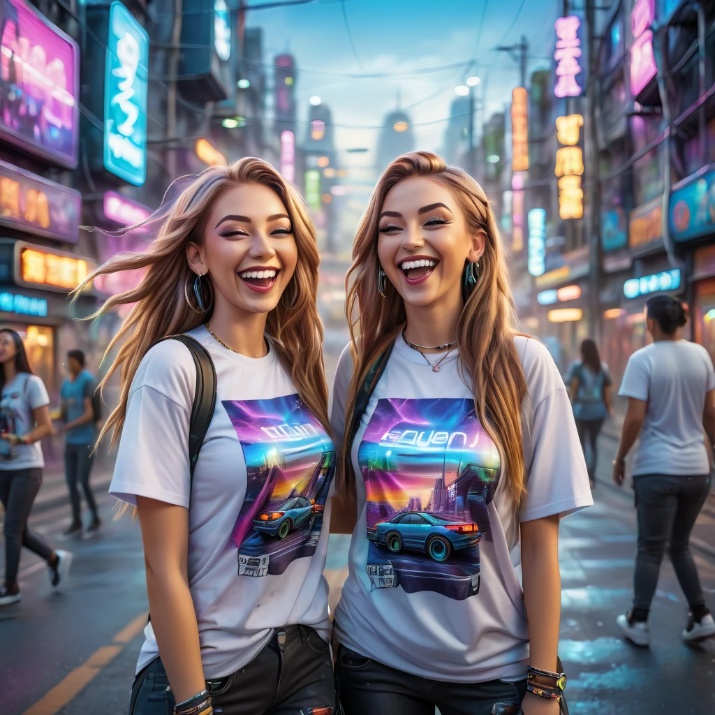 long straight haired adult women dressed in urban clothes t-shirts, In an urban landscape and holographic signs, HAPPY on the road. are drinking and laughing, The background is modern and cyberpunk, high tech vibe. Lovely Digital Painting, 3D rendering, Bright lighting, swirly vibrant colors. adult people, pessoas bonitas, different faces.