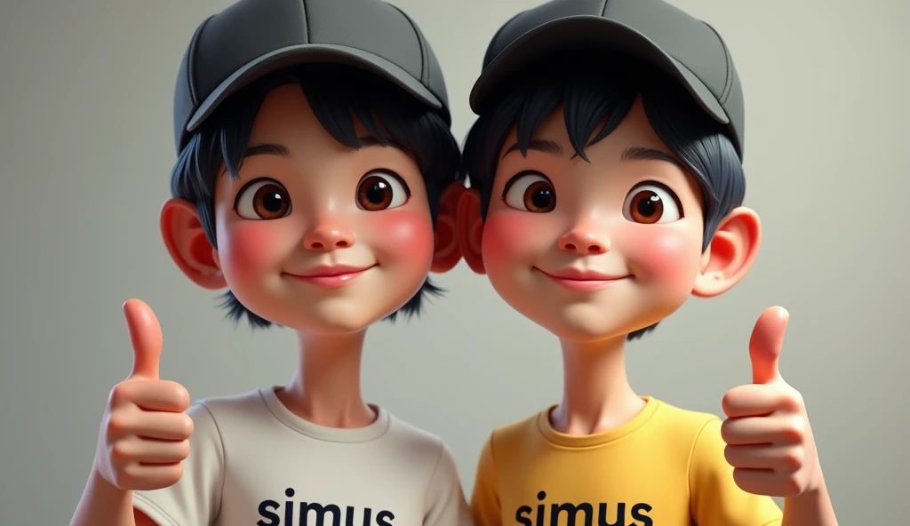 a 2 man, fair skinned, slanted eyes, oval face, black hair, baseball cap, thumbs up, T-shirt with 'SiMus' written on the chest, 4d caricature, realistic, (best quality,4k,8k,highres,masterpiece:1.2),ultra-detailed,(realistic,photorealistic,photo-realistic:1.37),hyperrealistic,extremely detailed face and skin,extreme detail description,vivid colors,studio lighting,professional