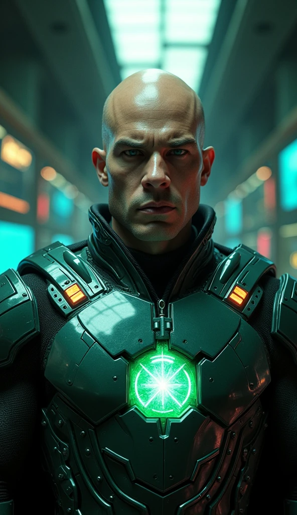{
"subject": "Lex Luthor in advanced anti-Superman armor with pure kryptonite embedded in the chest, unarmored face, facing forward and looking directly at the camera",
"type": "photorealistic image",
"environment": "inside a massive, industrial control room filled with monitors and glowing kryptonite machinery",
"art_style": "hyper-realistic",
"inspirations": "Masamune Shirow, Yoji Shinkawa, Geof Darrow",
"camera": "Panasonic Lumix S1R",
"lens": "Leica DG Nocticron 42.5mm f/1.2",
"shot": "medium close-up shot, focusing on the unarmored face and kryptonite-enhanced chest armor",
"render_details": "{unmatched clarity, precise reflections, realistic metallic textures with glowing kryptonite}",
"lighting": "soft lighting with ambient occlusion, emphasizing the kryptonite and facial features",
"filters": "high contrast, HDR tone mapping",
"resolution": "8K resolution"
}