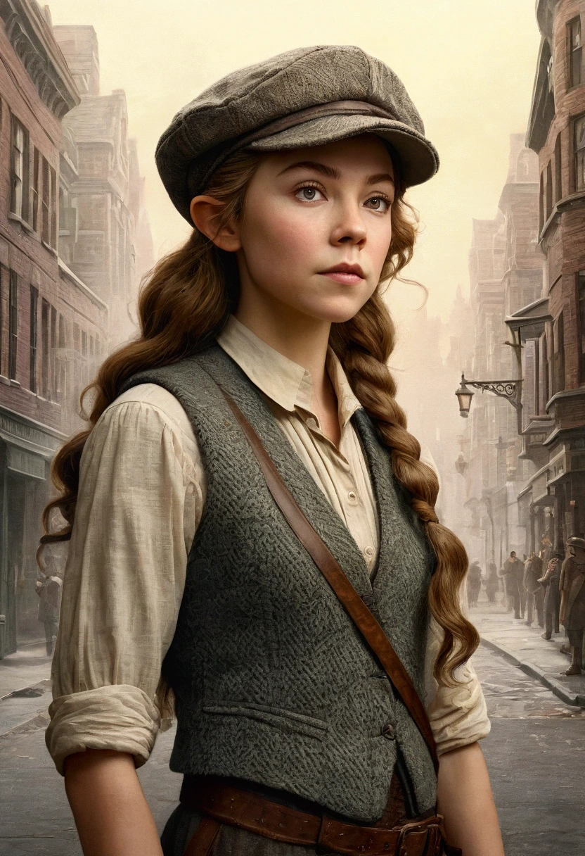 An illustrated movie poster, hand-drawn, full color, an elven maiden, wearing a tweed vest and a newsie cap, tall, toned, amazonian stature, athletic hourglass figure, long pointy elf ears, shaggy bob cut, deep sun-tanned skintone, freckles, resembles Margaery Tyrell, standing on a foggy Victorian-era street corner, graphite shading, stencil marks, airbrushed acrylic paint, masterpiece, in the style of Sherlock Holmes, elf ears