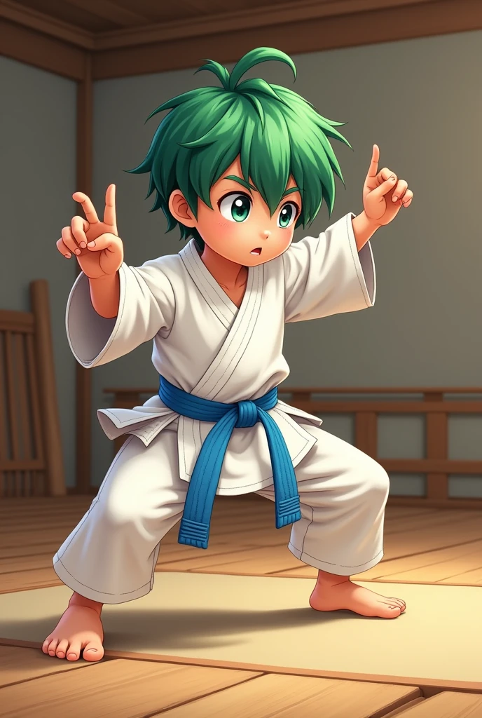 A six year old with green hair and a light blue belt who does karate