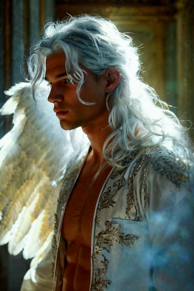 man who is 20 years old, White race, Masculine traits, The most handsome man, long hair with silver streaks hunter blue eyes, angel beauty, angel, hot body and good physique, sexy, passionate