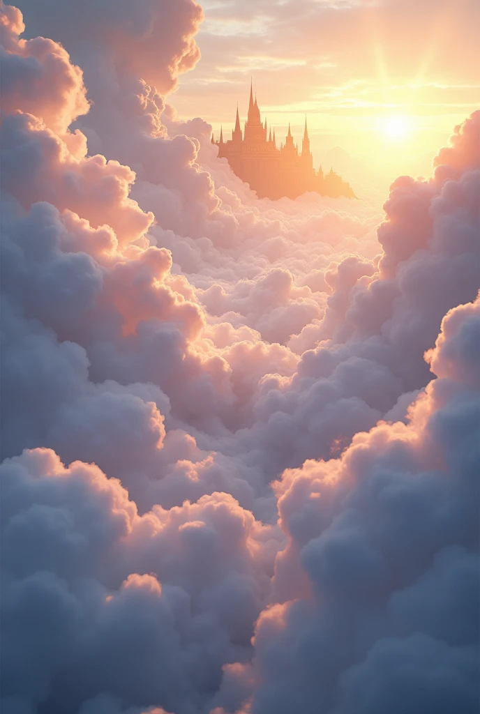a place in the sky with clouds and in the background but not so far that you can see a golden kingdom