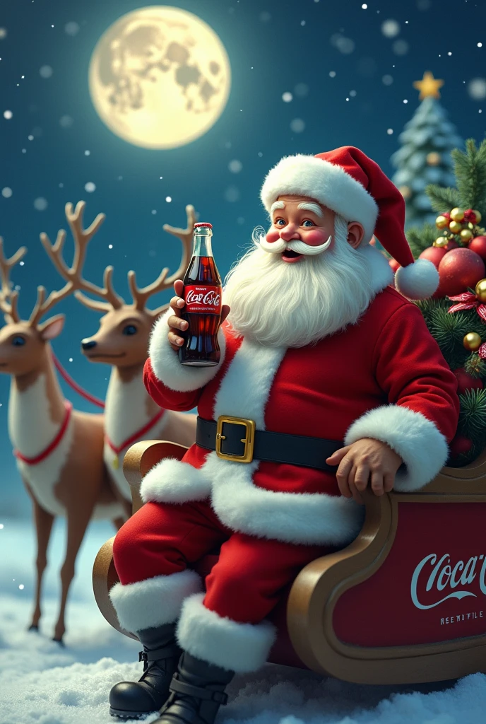 Santa Claus drinking coca cola on a sleigh