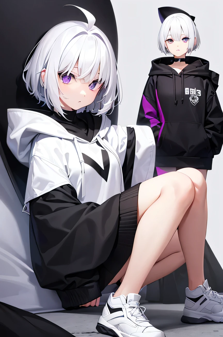 White hair, short hairstyle, purple eyes, beautiful girl, hair、She has two black diamond-shaped flat accessories on each side, a white knee-length hoodie, a large hood, and a jagged edge on the hood. The hoodie is black, white, and purple, with the white area being the largest. The hoodie is white-based, with only black patterns, and her shoes are white. She has a reserved look on her face.、A relaxed personality The hoodie is quite long and white White-based clothing White shoes The background is also white Not wearing a skirt White hoodie The color of the hoodie is white Wearing a white hoodie with black patterns Black long pants The color of the shoes is white