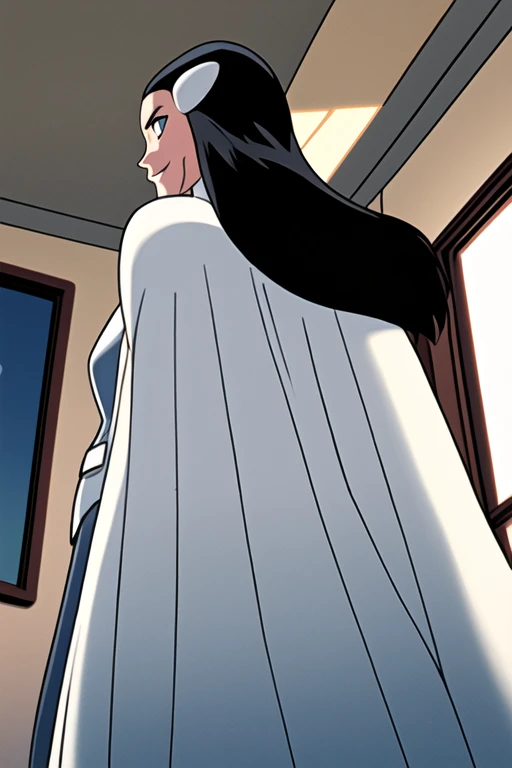 Tinya Wazzo, solo,black hair, long hair. grey eyes, smile, grey lips, white cape, best quality, masterpiece, 1girl, Masterpiece, Best Quality, Detail, room, From Behind, From Below, cape in behind, body capes, cape in front