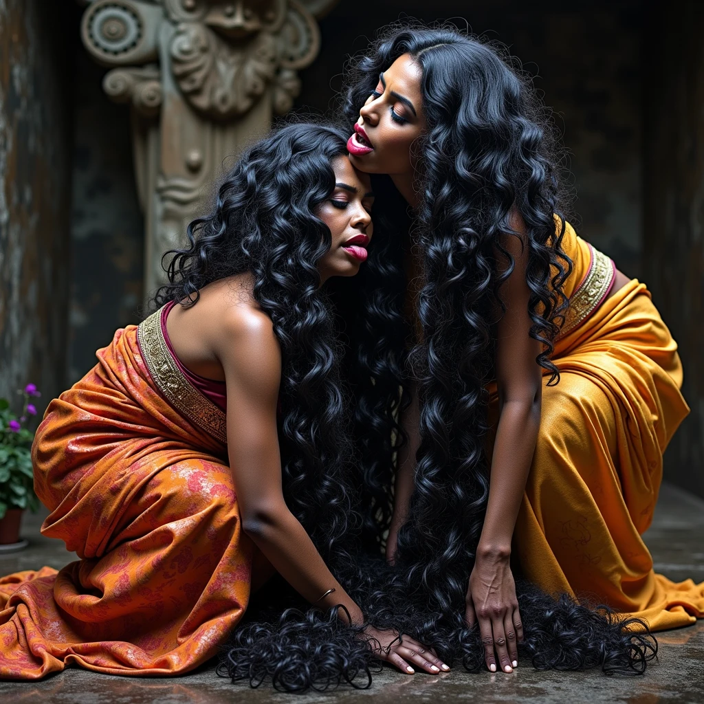 (Best Quality),(High resolution),(8k),(Masterpiece),indian kali temple,two mature ladies in sarees,stand out against the dark, mystical backdrop. Their unnaturally black, extreme coiled 3C curly hair, reminiscent of coiled springs, draws the eye with its inexplicable sheen and volume. Each strand seems to have been meticulously crafted by an unseen hand, coiled and coiled a million times over until it reaches a state of surreal perfection. The hair appears to have been showered with an unimaginable amount of oil, so much so that it resembles wet pulp, saturated and absorbing the light around them.kneeled,bend over and hands on the ground,one lady kissing head scalp from behind keeping tongue out((show me squat pose lady' tongue out,long tongue:1.0)),((perfect color grading))